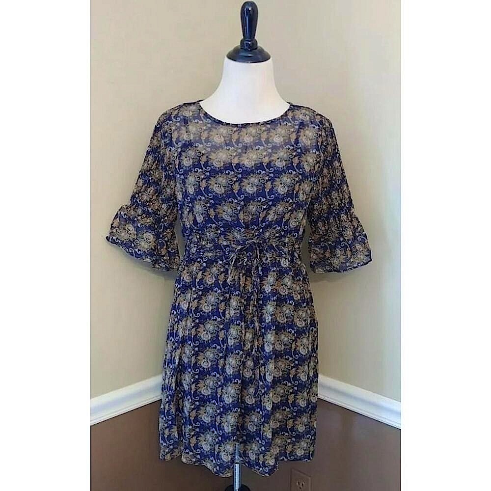 NEW Esley ModCloth Navy Blue Paisley Peasant Boho Short Bell Sleeve Dress Small